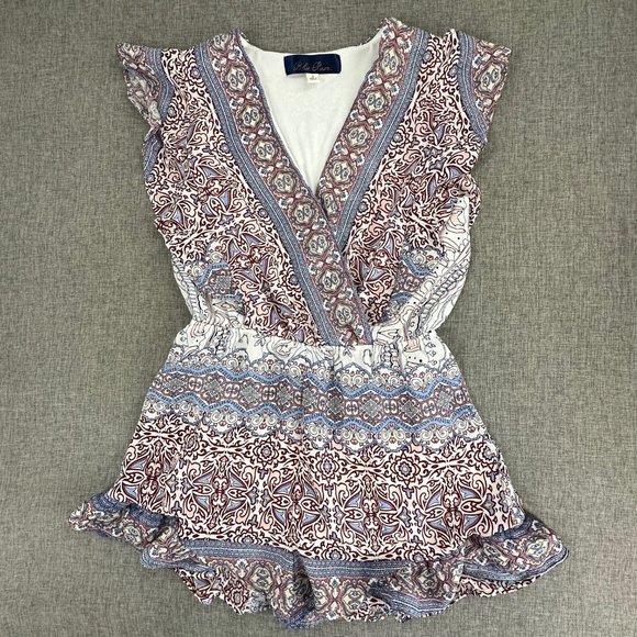 Blue Rain Romper Shorts Small‎ Ruffled V-Neckline Elastic Waist Lined Polyester - Picture 2 of 16
